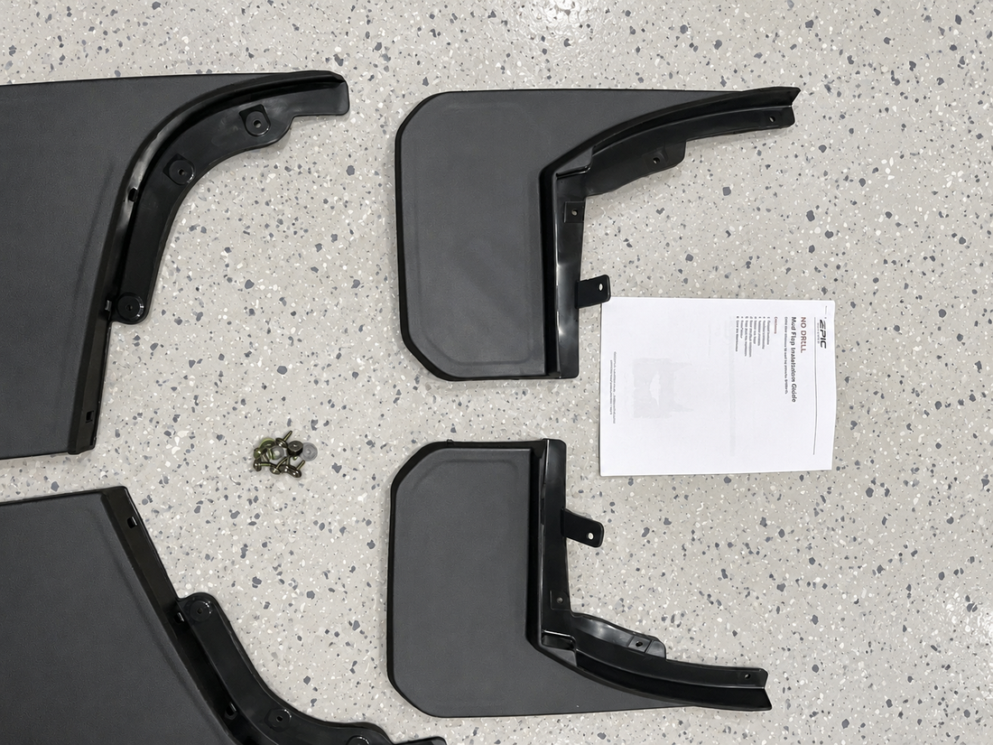 Mud Flaps - No Drill Wide Mud Flap Kit - Black (4pc) - Suits Defender 90 & 110 | Aftermarket
